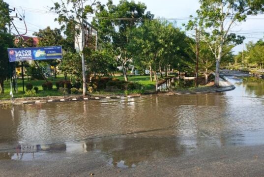 Hujan Beberapa Menit, Bundaran Ikan Batu Enam Depan Kantor DLH Rohil Tergenang, Pengguna Jalan Terganggu